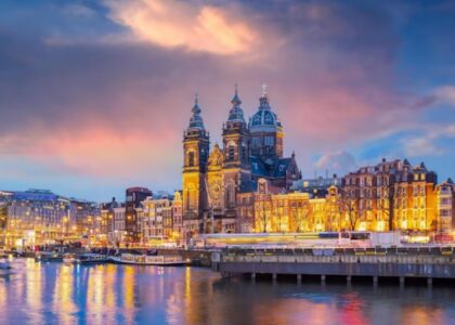 Amsterdam's downtown and cityscape in the Netherlands at a beautiful sunset