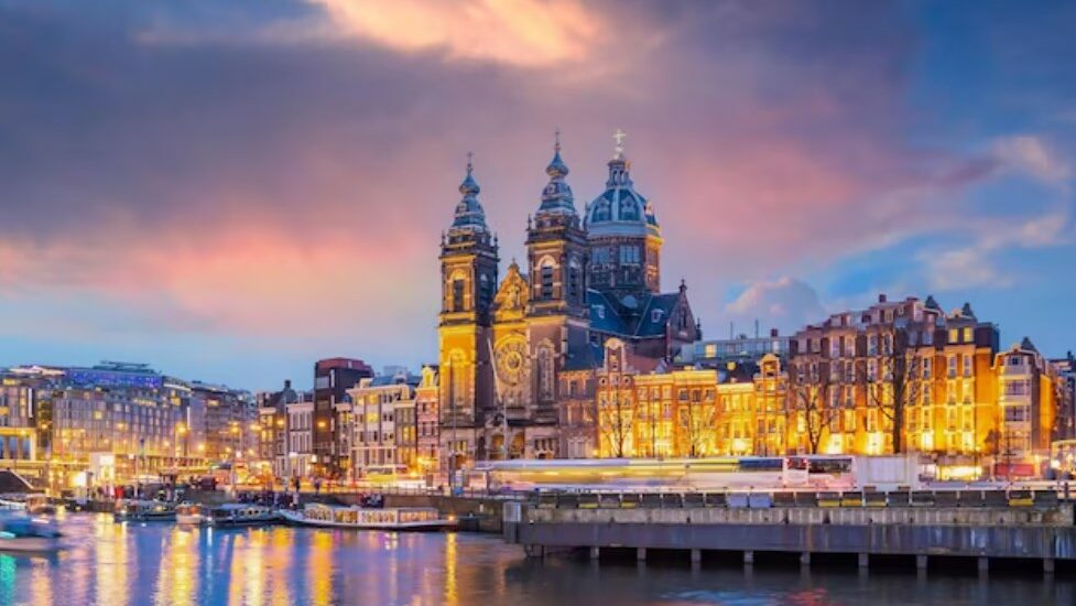 Amsterdam's downtown and cityscape in the Netherlands at a beautiful sunset